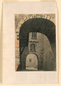 Toneelontwerp, hof in oud gebouw door Unknown artist