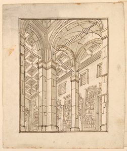Toneelontwerp: bibliotheekinterieur met bogen door Unknown artist