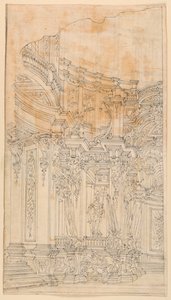 Toneelontwerp: Paleisarchitectuur met trofeeën door Unknown artist