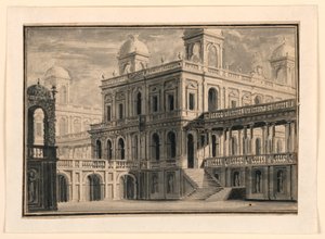 Toneelontwerp, paleis en portieken van buitenaf door Unknown artist
