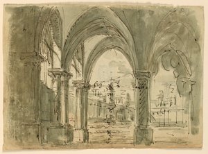 Toneelontwerp, Portiek met Gebouwen door Unknown artist