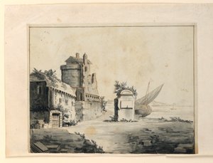 Toneelontwerp, ruïnes nabij de kust door Unknown artist