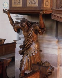 Standbeeld van Samson onder de preekstoel van de abdijkerk van Ebersmunster, Elzas