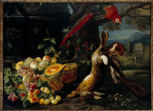 Stilleven van wild, papegaai en fruit