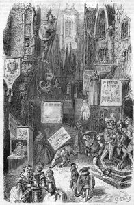 Straatscène in de Middeleeuwen. Gravure uit de 19e eeuw.