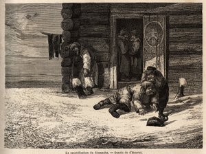 Zondagheiliging heeft komijnlikeur, Dorpat-arbeiders. Tekening door Henriet, om zijn reis naar de Russische Baltische provincies in 1851-54 te illustreren. Gravure in 
