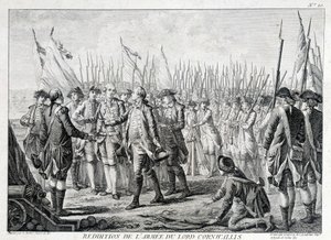 Overgave van het Britse leger van Lord Cornwallis (1738 - 1805) aan Amerika op 19 oktober 1781. door Unknown artist