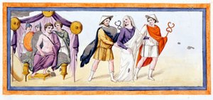 Talthybios en Eurybates brengen de maagd Briseis voor Achilles, die in de tent van de Myrmidonen staat. Ilias Zang I, v 345. Gravure uit het einde van de 18e eeuw.