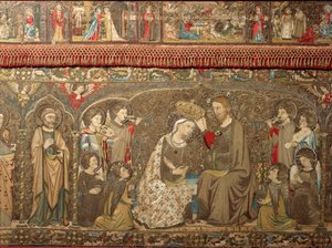 Tapijtdetail dat een altaar versiert en de kroning van de Maagd Maria voorstelt - Uit de kerk van Santa Maria Novella