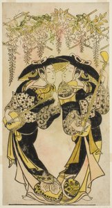 De acteurs Sanjo Kantaro (rechts) en Fujimura Handayu (links) als muzikanten spelend onder blauwe regen