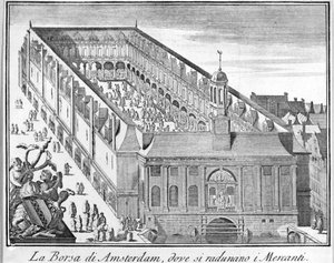 De Amsterdamse Beurs waar kooplieden samenkomen. 18e-eeuwse gravure