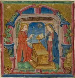 De Annunciatie in een gehistoriseerde initiële "M" uit een Antifonarium door Unknown artist