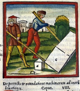 De hefboom van Archimedes (287 v.Chr. - 212 v.Chr.) in De architectura van Vitruvius. 1630. Trivulziana, Milaan. door Unknown artist