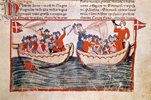 De Slag bij Meloria die culmineert in de bezetting van Corsica door Genua. 1284. Manuscript. Biblioteca Vaticana door Unknown artist