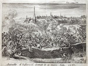 De Slag bij Oosterweel (Nederland), gehouden op 13 maart 1567, de eerste confrontatie van de Tachtigjarige Oorlog (1567-1648). Gravure ter illustratie van 