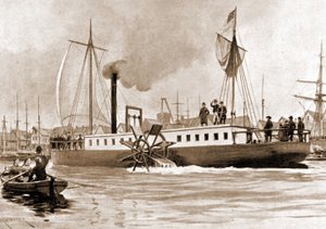 De Clermont, een boot gebouwd in 1807 door Robert Fulton (1765-1815) voor de verbinding New York - Albany op de Hudson River. Gravure 19e eeuw.