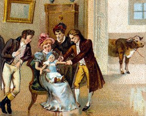 De Engelse arts Edward Jenner (1749-1823) ent pokken in op de arm van een jongen om hem te vaccineren. De koe waarvan het serum werd genomen staat op de achtergrond. Chromolithografie uit de 19e eeuw.