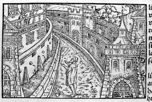De Duitse keizer Hendrik IV (1050 - 1106) in Canossa. Linksboven zijn de gravin Mathilde van Canossa (of gravin Mathilde van Toscane) (1046 - 1115) en paus Gregorius VII (1015/20 - 1085) die hun toevlucht hadden gezocht in het kasteel. Volgens Johann Stum door Unknown artist