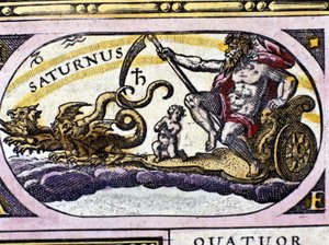 De god Saturnus (Cronos) op een tank getrokken door twee draken door Unknown artist