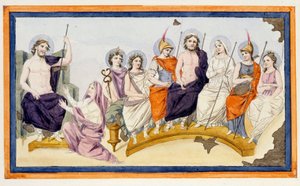 De goden van Olympus en links Thetis, de moeder van Achilles, knielt voor Zeus (Jupiter) om hem te smeken haar zoon te helpen tegen Agamemnon en de Trojanen te steunen. L
