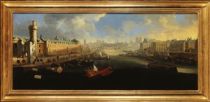 De Grande Galerie van het Louvre, met de Porte Neuve, de Pont-Neuf, de Cité, het Collège des Quatres-Nations in aanbouw en de Quai Malaquais