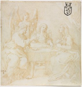 De Heilige Familie aan Tafel Geserveerd door een Engel