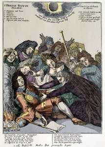 De koning viel flauw en de hovelingen omringen hem, treurend: spot op de revers van Lodewijk XIV in Nederland en Italië in 1706 door Unknown artist