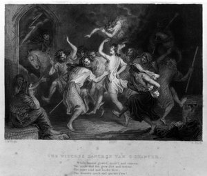 De legende van Cutty Sark na het gedicht van Robert Burns: de dans van heksen. Gravure uit de 19e eeuw door Unknown artist