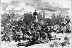 De Parijse Commune in 1871. Communards van Belleville gevangen genomen en bewaakt door een detachement vredeshandhavers in het Parc des Buttes Chaumont.