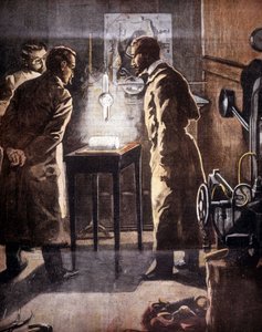 De Röntgenstralen of X-stralen. Ontdekt in 1895. Illustratie van het experiment door Unknown artist