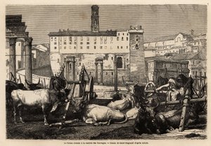 Het Romeinse forum heeft de huur van voer, de ossen liggen midden in karren en oude ruïnes. Gravure ter illustratie van de reis naar Rome, door Francis Wey, in 1864-1868, gepubliceerd in 