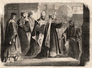 De aartsbisschop Sint Ambrosius van Milaan (Aurelius Ambrosius, Ambrogio di Milano (340-397) verbood de toegang tot de kerk aan de Romeinse keizer Theodosius I (Flavius Theodosius) (347-395) om hem te straffen voor het bloedbad van Thessaloniki in 390 - Ex