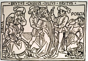 De moord op Julius Caesar (100-44 v.Chr.): hij wordt neergestoken door Brutus en Cassius terwijl Porcie, de vrouw van Brutus, flauwvalt. Houtsnede uit de 16e eeuw door Unknown artist