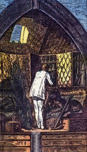 De astronaut in de raket. Gravure in “Van de aarde naar de maan” door Jules Verne