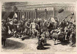 De bacchanaal van de brouwers, op oudejaarsavond, na het ontvangen van hun salaris en feestvieren, lopen ze in een vrolijke en luidruchtige processie in Edo (het huidige Tokio), uitgerust met een enorme sake-wasbak en een lange plumeau om de plafonds te du door Unknown artist