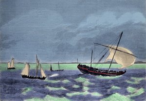 De vangst van een dhow (Arabische boot) slavenhandelaar langs de Malagassische kust.