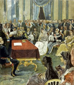 Het burgerlijk huwelijk van de Prins van Napels - die Victor Emmanuel III werd - met Prinses Helene van Montenegro in het Quirinaal Paleis in 1896. In het midden zie je Humbert I links van de bruid. door Unknown artist