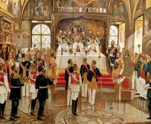 De kroning van tsaar Nicolaas II (1868-1918) in Moskou, Rusland
