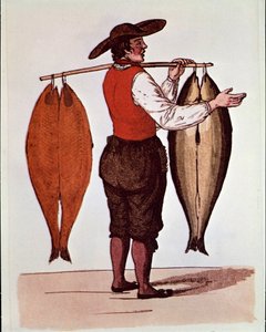 De kreten van Parijs: een wandelende zalmhandelaar rookt Elbe. Anonieme 19e-eeuwse prent. Privécollectie door Unknown artist