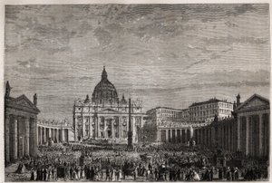 De menigte stroomde naar het Sint-Pietersplein in het Vaticaan om de grote zegen van Pasen te ontvangen door paus Pius IX (1792-1878). Gravure ter illustratie van het verhaal van de Heilige Week in Rome, in 1863, door Ludovic Celler, in 