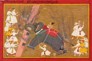 De olifant Khanderao Bahadur doodt Sham Mahavat door Unknown artist