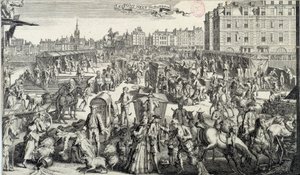 De drukte op de Pont Neuf in Parijs. Illustratie van verkeer en verkeersopstoppingen in de straten van Parijs in de 18e eeuw. Gravure uit 1710. Parijs, Musée Carnavalet