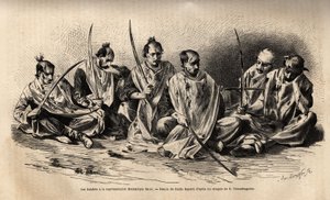 De fanatieke moslim littekens tijdens de dramatische uitvoering die plaatsvindt na het martelaarsfeest van Hossein, elk van hen is bedekt met een wit laken, om het bloed op te vangen dat uit de wonden stroomt die ze zichzelf hebben toegebracht door zichzel door Unknown artist