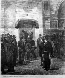 De brandweerlieden sloegen de toegangsdeur van het Dominicaanse klooster op Rue Jean de Beauvais in Parijs in 1880 in. Gravure uit de 19e eeuw.