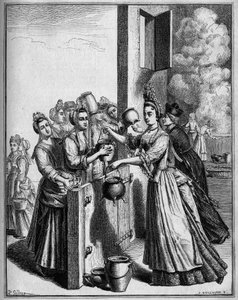 De hulp van soep in Parijs tijdens de hongersnood van 1709. Tekening door Sellier, naar een achttiende-eeuwse prent door Unknown artist