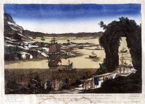 De landing van de Fransen voor de oprichting van de nieuwe kolonie in de haven van Nouvelle Cayenne (of Frankrijk Equinoxiale) door Unknown artist