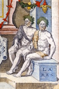 De laresgoden: ze beschermen het huis en zijn bewoners (ze zijn de geesten van de voorouders). Gravure uit de 16e eeuw