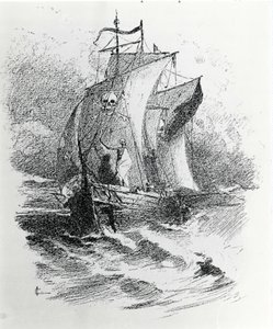 De legende van het Spookschip of de Vliegende Hollander: een Nederlandse commandant die het lot wilde tarten zou veroordeeld zijn om voor altijd op zijn schip rond te dwalen en ongeluk te brengen aan de schepen die zijn pad kruisen. Gravure uit de 19e eeuw door Unknown artist
