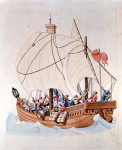 Het laden van een 13e-eeuwse karveel op zee
