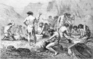 De vervaardiging en het polijsten van vuursteen door prehistorische mensen in Pressigny door Unknown artist